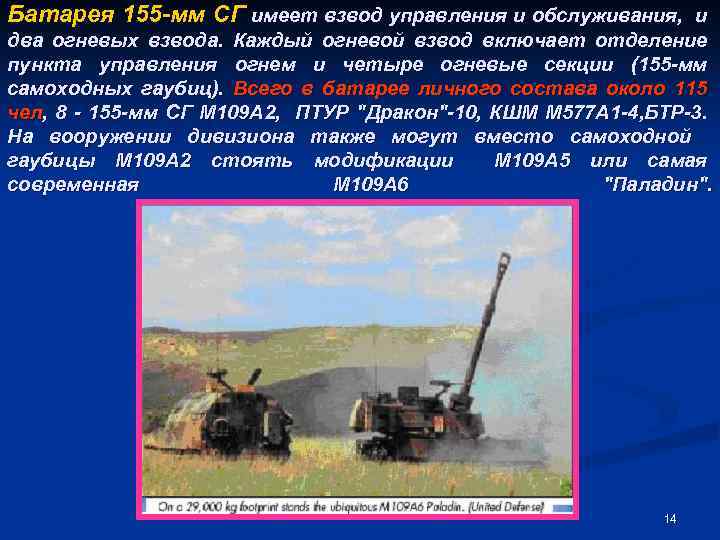 Батарея 155 -мм СГ имеет взвод управления и обслуживания, и два огневых взвода. Каждый