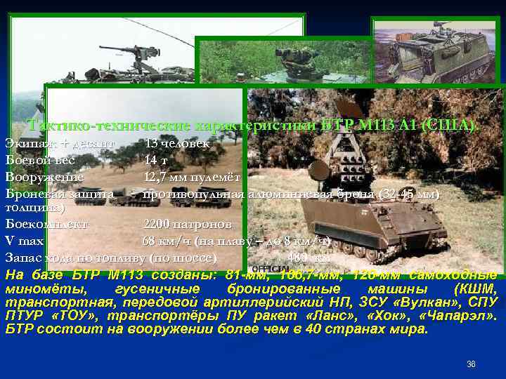 Тактико-технические характеристики БТР М 113 А 1 (США). Экипаж + десант 13 человек Боевой