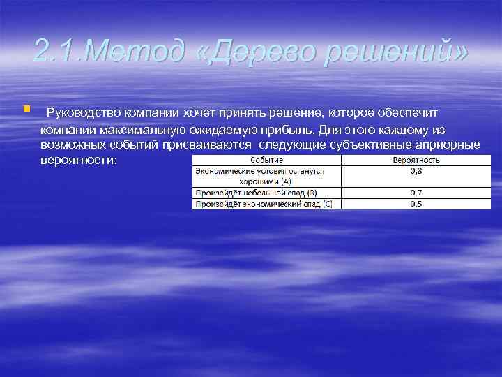 2. 1. Метод «Дерево решений» § Руководство компании хочет принять решение, которое обеспечит компании