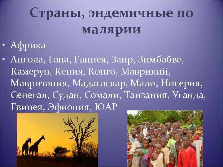 Страны, эндемичные по малярии • Африка • Ангола, Гана, Гвинея, Заир, Зимбабве, Камерун, Кения,