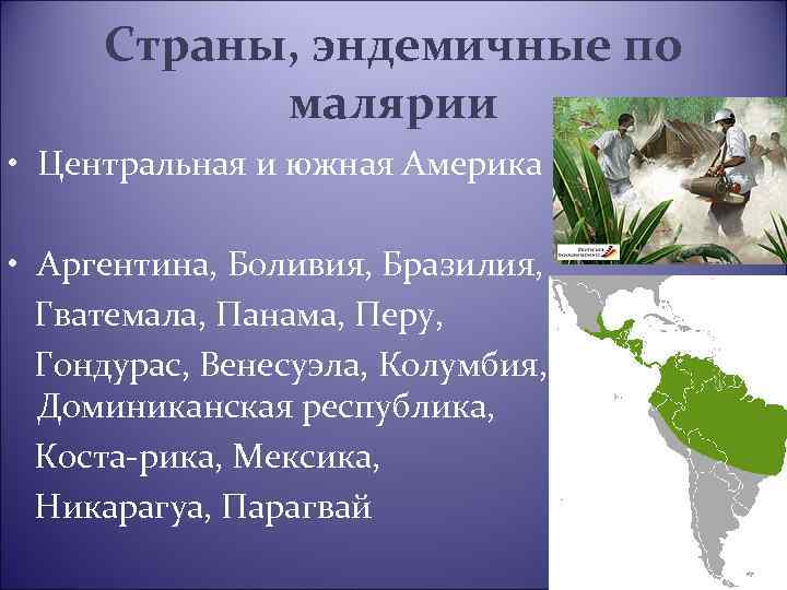 Страны, эндемичные по малярии • Центральная и южная Америка • Аргентина, Боливия, Бразилия, Гватемала,