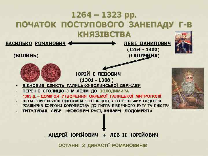 1264 – 1323 рр. ПОЧАТОК ПОСТУПОВОГО ЗАНЕПАДУ Г-В КНЯЗІВСТВА ВАСИЛЬКО РОМАНОВИЧ ЛЕВ І ДАНИЛОВИЧ
