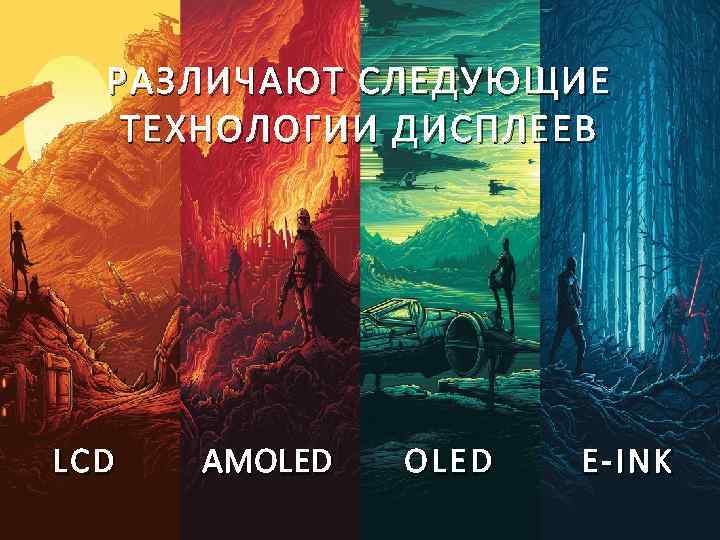 РАЗЛИЧАЮТ СЛЕДУЮЩИЕ ТЕХНОЛОГИИ ДИСПЛЕЕВ LCD AMOLED E-INK 