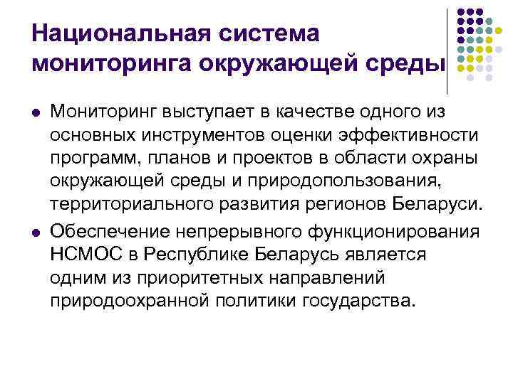 Национальная система мониторинга окружающей среды l l Мониторинг выступает в качестве одного из основных