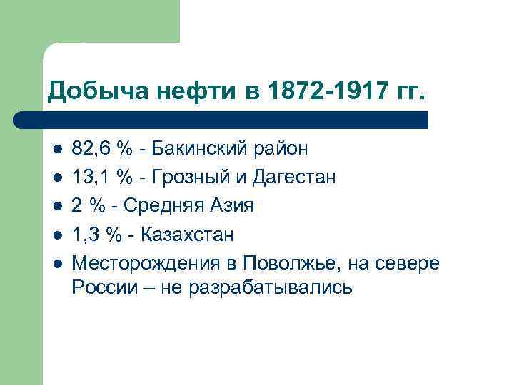 Добыча нефти в 1872 -1917 гг. l l l 82, 6 % - Бакинский