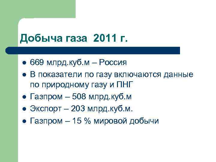 Добыча газа 2011 г. l l l 669 млрд. куб. м – Россия В