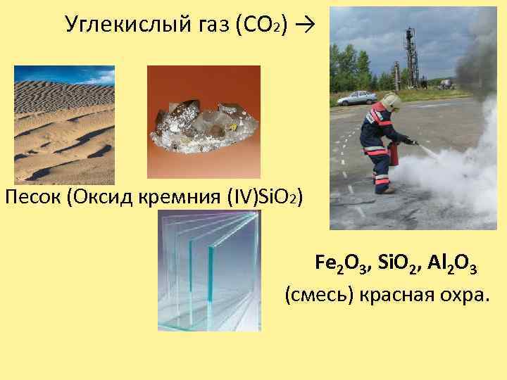 Углекислый газ (CO 2) → Песок (Оксид кремния (IV)Si. O 2) Fe 2 O