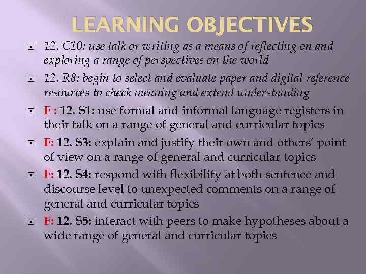 LEARNING OBJECTIVES 12. C 10: use talk or writing as a means of reflecting