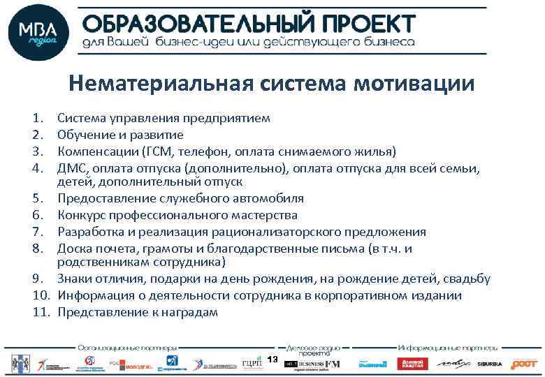 Нематериальная система мотивации 1. 2. 3. 4. Система управления предприятием Обучение и развитие Компенсации