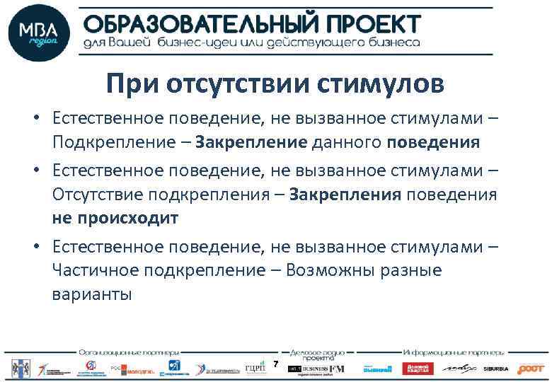 При отсутствии стимулов • Естественное поведение, не вызванное стимулами – Подкрепление – Закрепление данного