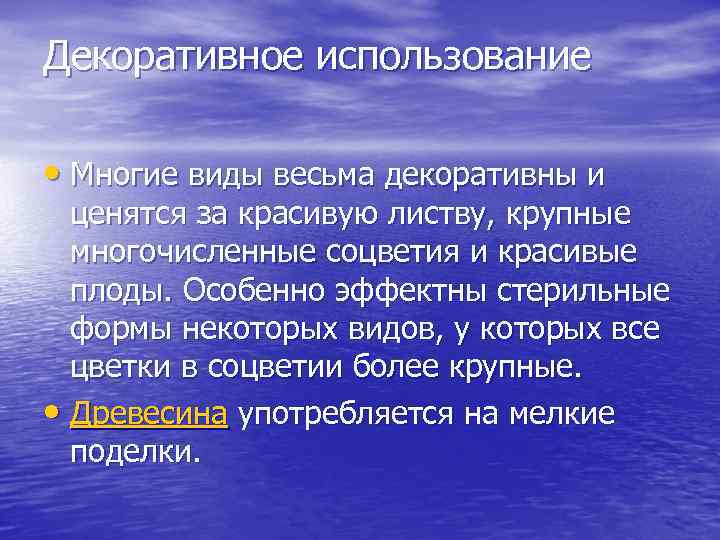 Декоративное использование • Многие виды весьма декоративны и ценятся за красивую листву, крупные многочисленные