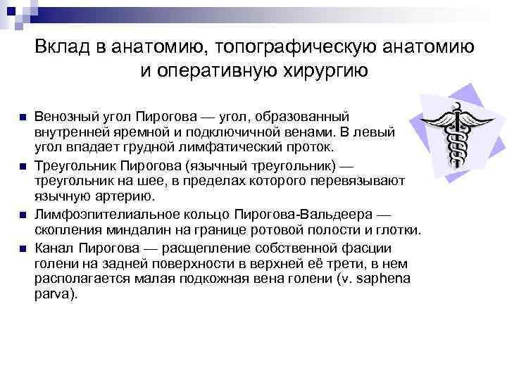 Вклад в анатомию, топографическую анатомию и оперативную хирургию n n Венозный угол Пирогова —