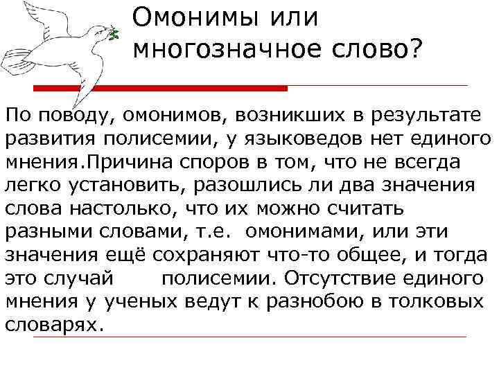 Омонимы или многозначное слово? По поводу, омонимов, возникших в результате развития полисемии, у языковедов