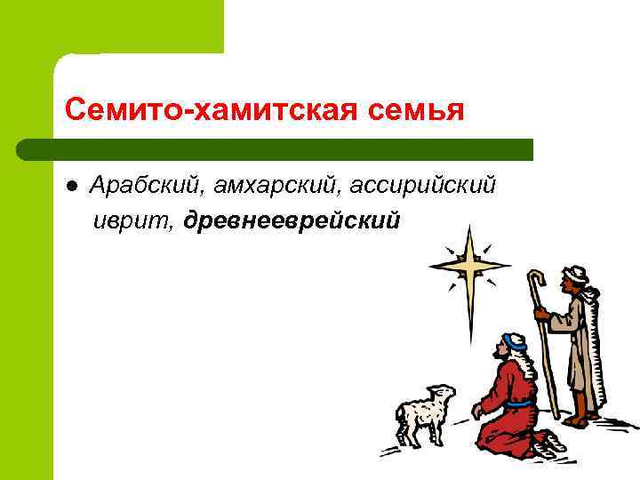 Семито-хамитская семья l Арабский, амхарский, ассирийский иврит, древнееврейский 