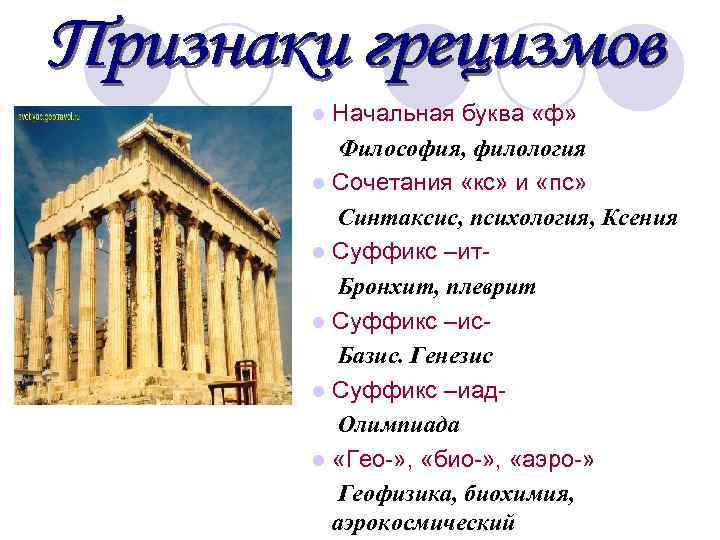 Начальная буква «ф» Философия, филология l Сочетания «кс» и «пс» Синтаксис, психология, Ксения l