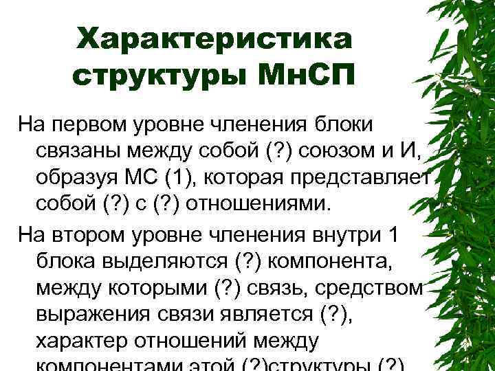 Характеристика структуры Мн. СП На первом уровне членения блоки связаны между собой (? )