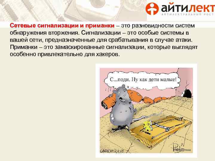 Сетевые сигнализации и приманки – это разновидности систем обнаружения вторжения. Сигнализации – это особые