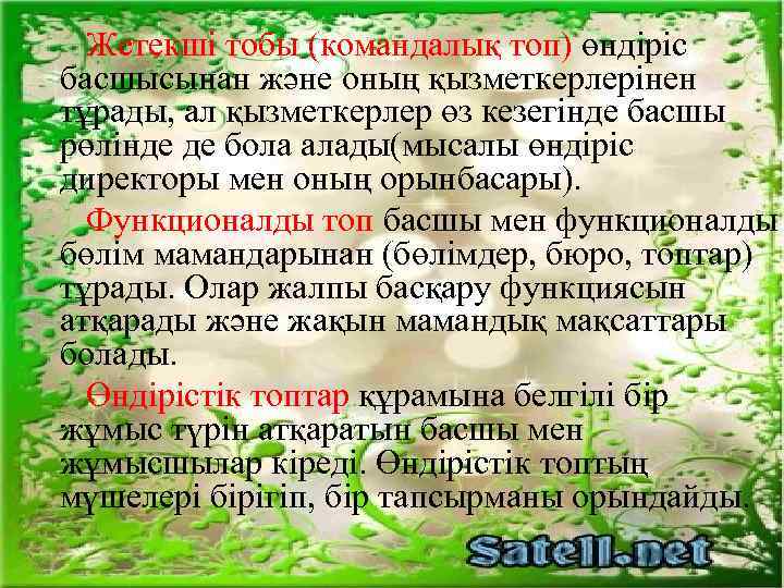 Жетекші тобы (командалық топ) өндіріс басшысынан және оның қызметкерлерінен тұрады, ал қызметкерлер өз кезегінде