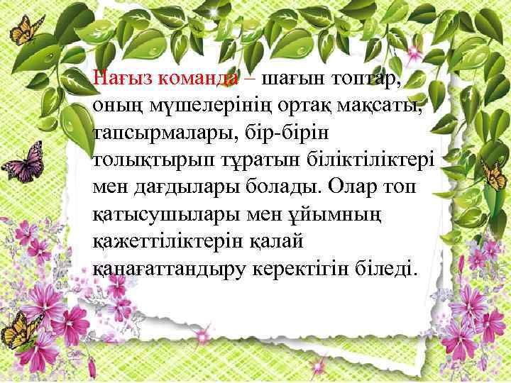 Нағыз команда – шағын топтар, оның мүшелерінің ортақ мақсаты, тапсырмалары, бір-бірін толықтырып тұратын біліктері