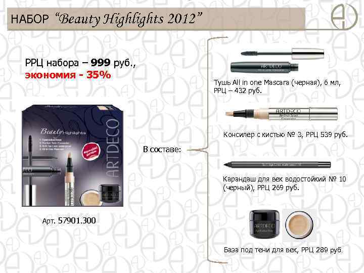 НАБОР “Beauty Highlights 2012” РРЦ набора – 999 руб. , экономия - 35% Тушь