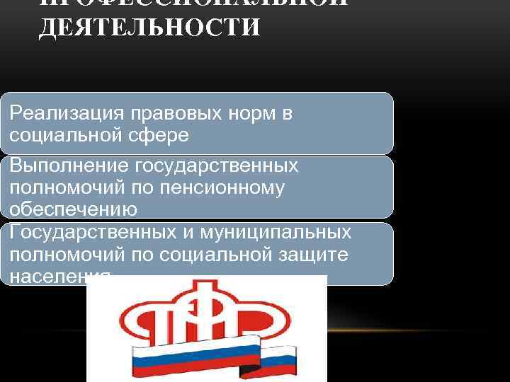ПРОФЕССИОНАЛЬНОЙ ДЕЯТЕЛЬНОСТИ Реализация правовых норм в социальной сфере Выполнение государственных полномочий по пенсионному обеспечению