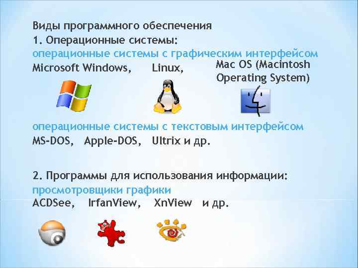 Виды программного обеспечения 1. Операционные системы: операционные системы с графическим интерфейсом Mac OS (Macintosh