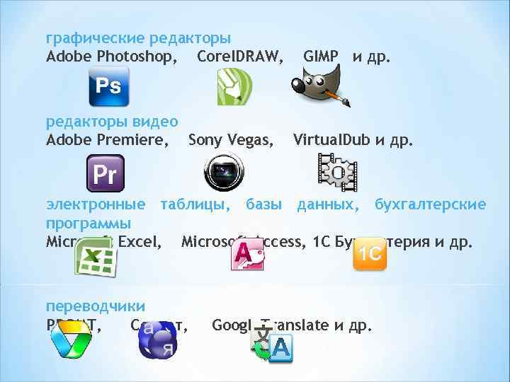 графические редакторы Adobe Photoshop, Corel. DRAW, редакторы видео Adobe Premiere, Sony Vegas, GIMP и