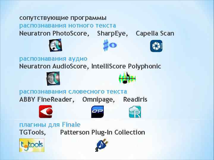 сопутствующие программы распознавания нотного текста Neuratron Photo. Score, Sharp. Eye, Capella Scan распознавания аудио