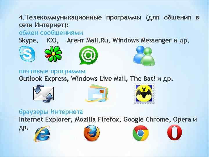 4. Телекоммуникационные программы (для общения в сети Интернет): обмен сообщениями Skype, ICQ, Агент Mail.