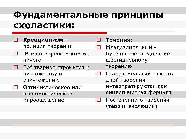 Фундаментальные принципы схоластики: o Креационизм принцип творения o Всё сотворено Богом из ничего o