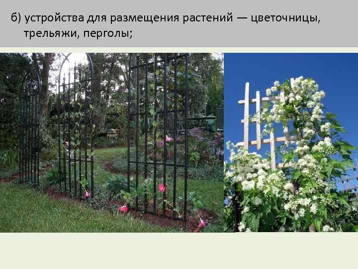 б) устройства для размещения растений — цветочницы, трельяжи, перголы; 