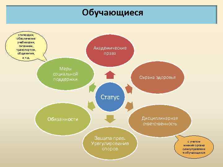 Обучающиеся стипендии, обеспечение учебниками, питанием, транспортом, общежития, и т. д. Академические права Меры социальной