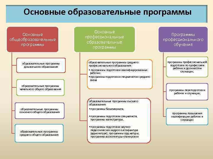 Основные образовательные программы Основные общеобразовательные программы дошкольного образования Основные профессиональные образовательные программы среднего профессионального