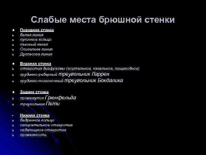 Слабые места брюшной стенки l ь ь ь Передняя стенка белая линия пупочное кольцо