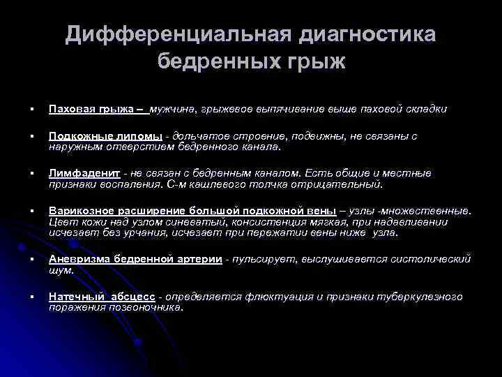 Дифференциальная диагностика бедренных грыж § Паховая грыжа – мужчина, грыжевое выпячивание выше паховой складки