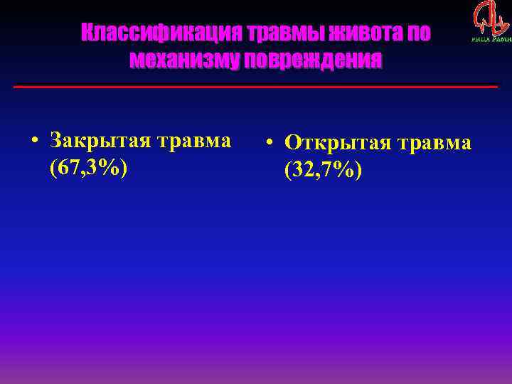 Классификация травмы живота по механизму повреждения • Закрытая травма (67, 3%) • Открытая травма