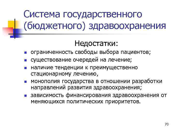 Система государственного (бюджетного) здравоохранения Недостатки: n n n ограниченность свободы выбора пациентов; существование очередей