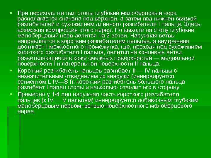 § При переходе на тыл стопы глубокий малоберцовый нерв располагается сначала под верхней, а