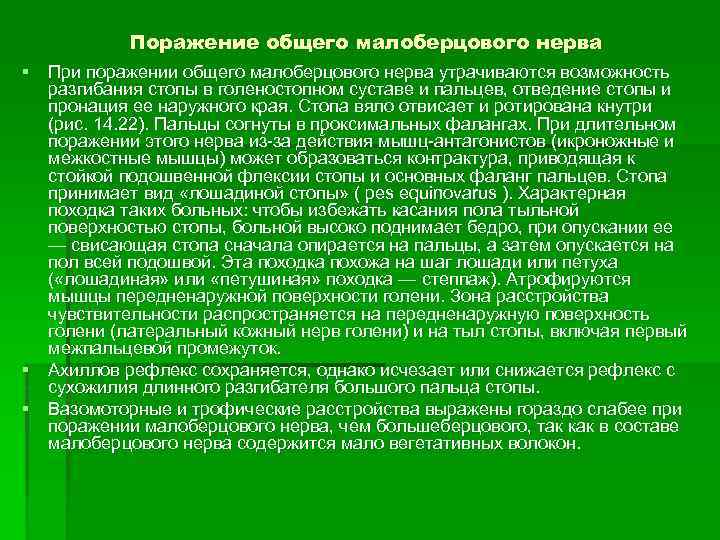 Поражение общего малоберцового нерва § При поражении общего малоберцового нерва утрачиваются возможность разгибания стопы