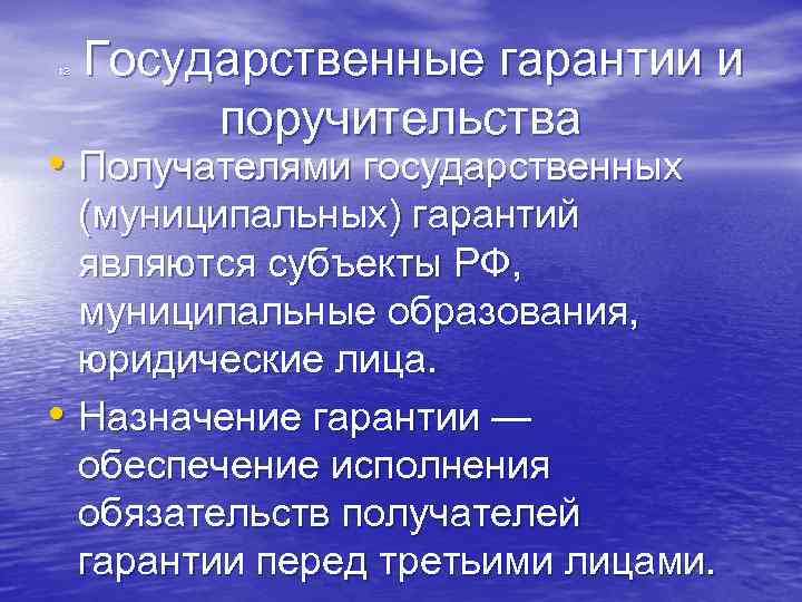 12 Государственные гарантии и поручительства • Получателями государственных (муниципальных) гарантий являются субъекты РФ, муниципальные