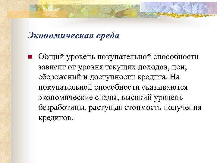 Экономическая среда n Общий уровень покупательной способности зависит от уровня текущих доходов, цен, сбережений