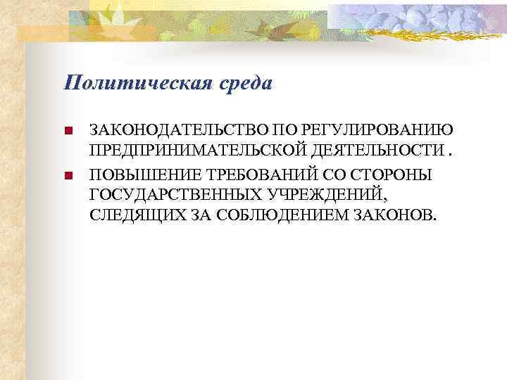 Политическая среда n n ЗАКОНОДАТЕЛЬСТВО ПО РЕГУЛИРОВАНИЮ ПРЕДПРИНИМАТЕЛЬСКОЙ ДЕЯТЕЛЬНОСТИ. ПОВЫШЕНИЕ ТРЕБОВАНИЙ СО СТОРОНЫ ГОСУДАРСТВЕННЫХ