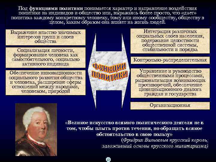 Под функциями политики понимается характер и направление воздействия политики на индивидов и общество или,