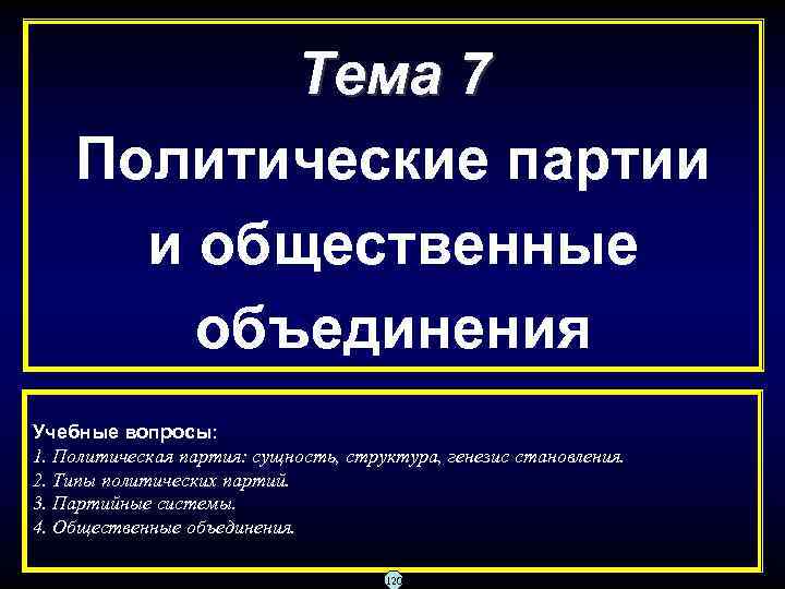 Тема 7 Политические партии и общественные объединения Учебные вопросы: 1. Политическая партия: сущность, структура,