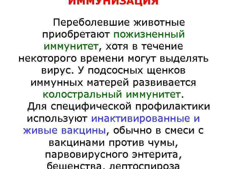 ИММУНИЗАЦИЯ Переболевшие животные приобретают пожизненный иммунитет, хотя в течение некоторого времени могут выделять вирус.