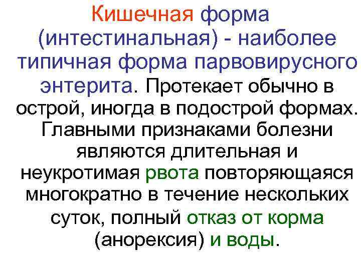 Кишечная форма (интестинальная) - наиболее типичная форма парвовирусного энтерита. Протекает обычно в острой, иногда