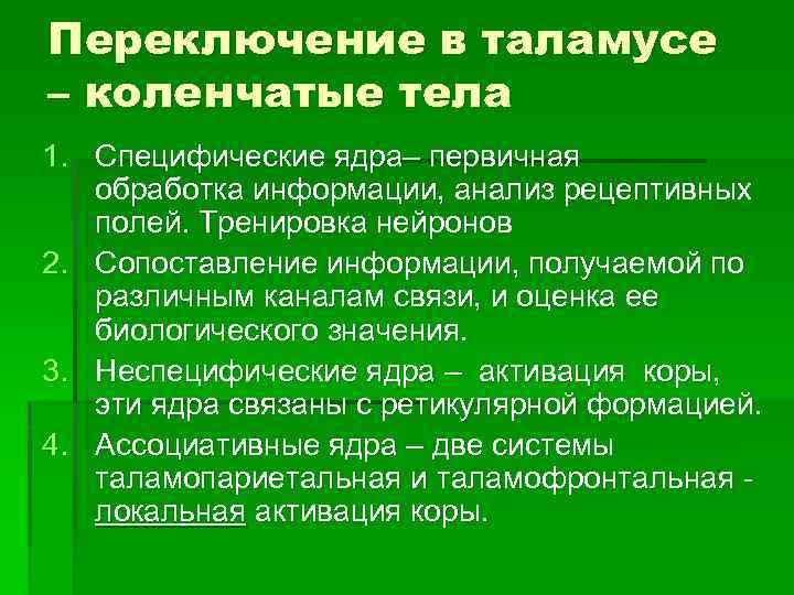 Переключение в таламусе – коленчатые тела 1. Специфические ядра– первичная обработка информации, анализ рецептивных