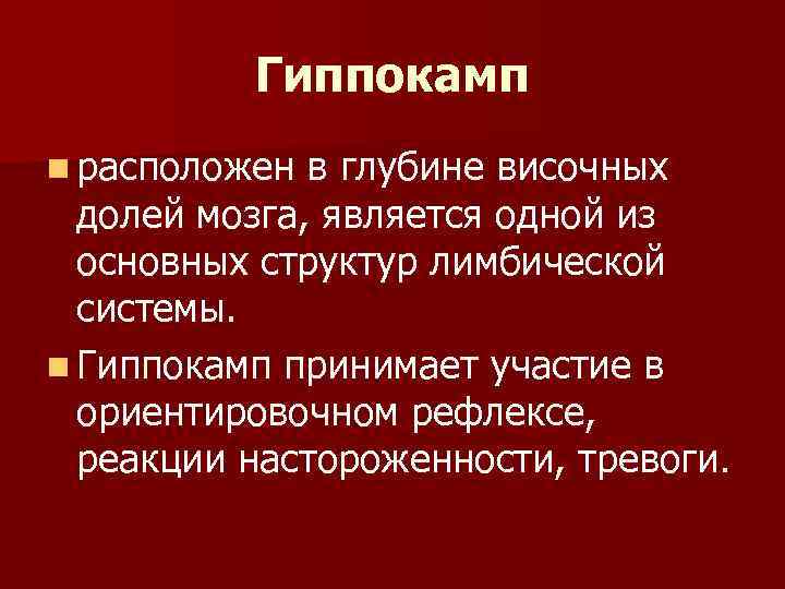 Гиппокамп n расположен в глубине височных долей мозга, является одной из основных структур лимбической