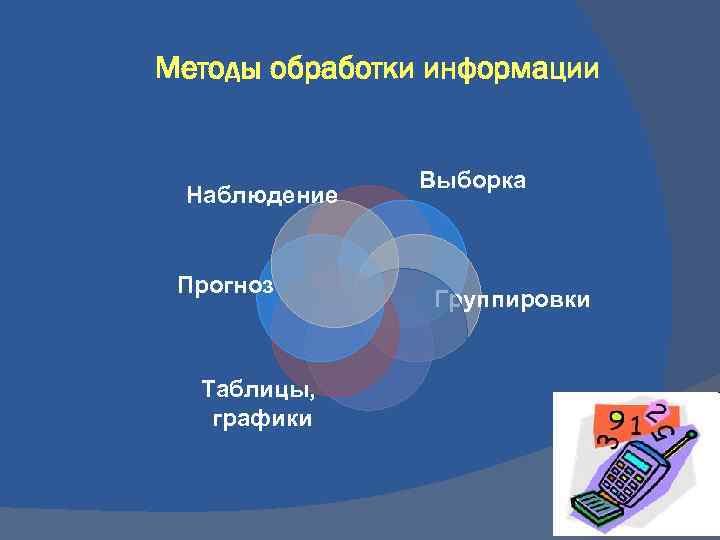 Методы обработки информации Наблюдение Прогноз Выборка Группировки Таблицы, графики 10 