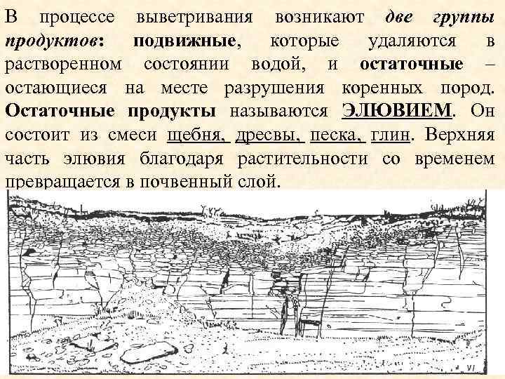 В процессе выветривания возникают две группы продуктов: подвижные, которые удаляются в растворенном состоянии водой,